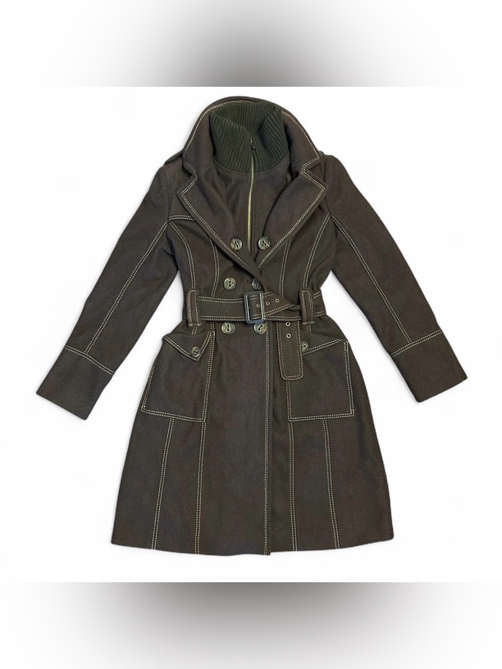 Y2K Dark Brown Double-Breasted Wool Trench Coat with Belt contrast stitching